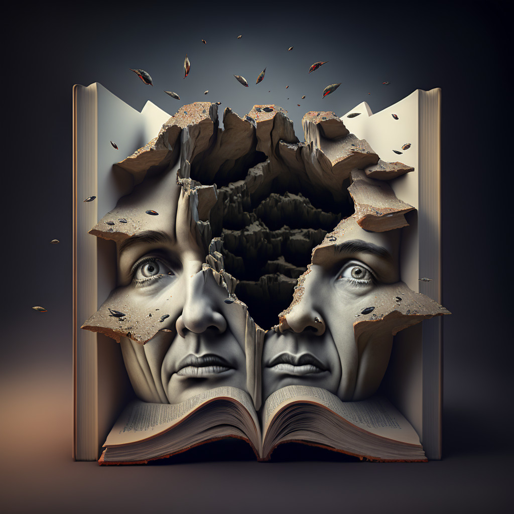 A book with human faces, image generated by Victor D. Sandiego@MidJourney