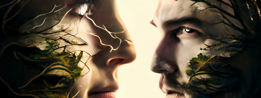 Man and woman facing each other, image by Victor D. Sandiego@MidJourney